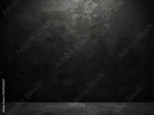 Rough black wall texture background with dark concrete floor creating an old grunge appearance
 photo