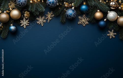 Christmas background with blue, gold, and silver decorations on a dark navy blue surface. Christmas decorations with snowflakes, pine branches, and golden baubles hanging down