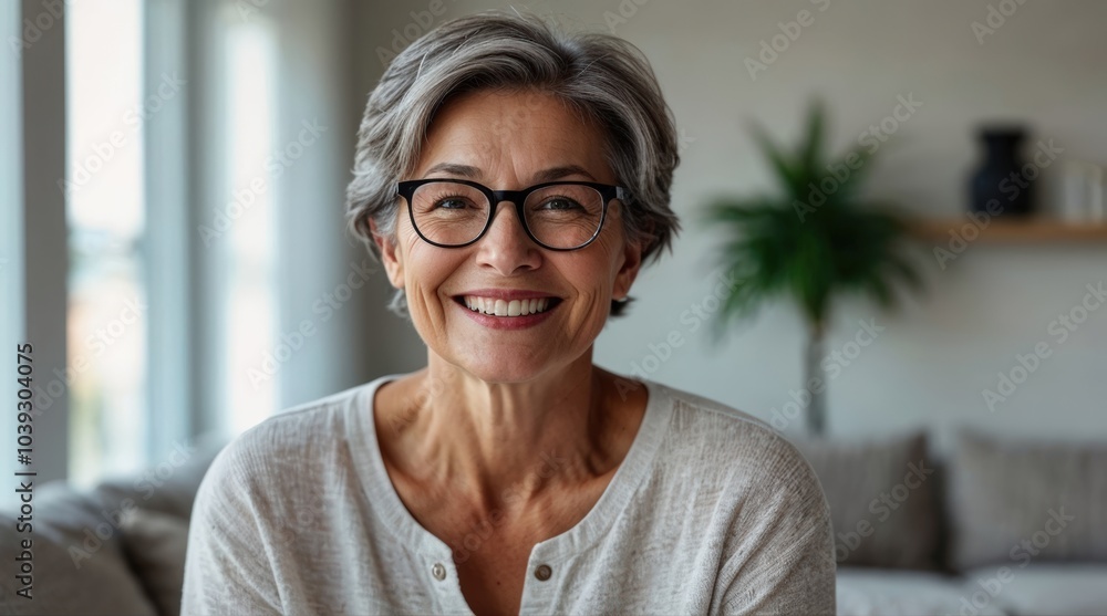 Smiling middle aged mature gray haired woman looking at camera, happy old lady in glasses posing at home indoor, positive single senior retired female sitting on sofa in living room headshot portrait Smiling middle aged mature gray haired woman looking at camera, happy old lady in glasses posing at home indoor, positive single senior retired female sitting on sofa in living room headshot portrait