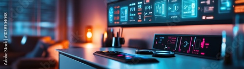 Wallpaper Mural A modern workspace featuring a high-tech monitor setup, with glowing screens displaying data and a stylish desk. Torontodigital.ca