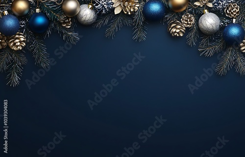 Christmas background with blue, gold, and silver decorations on a dark navy blue surface. Christmas decorations with snowflakes, pine branches, and golden baubles hanging down