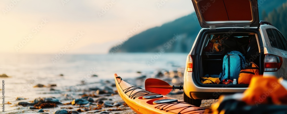A peaceful scene of a kayak ready for an adventure by the shoreline, with a car parked nearby under a stunning sunset. A peaceful scene of a kayak ready for an adventure by the shoreline, with a car parked nearby under a stunning sunset.