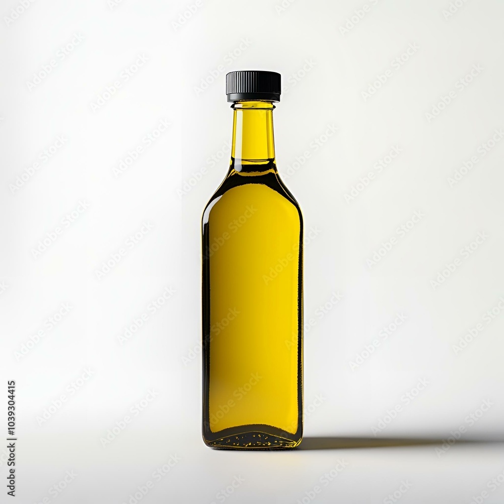 Glass bottle of olive oil with black cap on neutral background. Glass bottle of olive oil with black cap on neutral background.