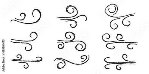 charcoal Doodle wind blow, gust design isolated on white background. vector hand drawn illustration