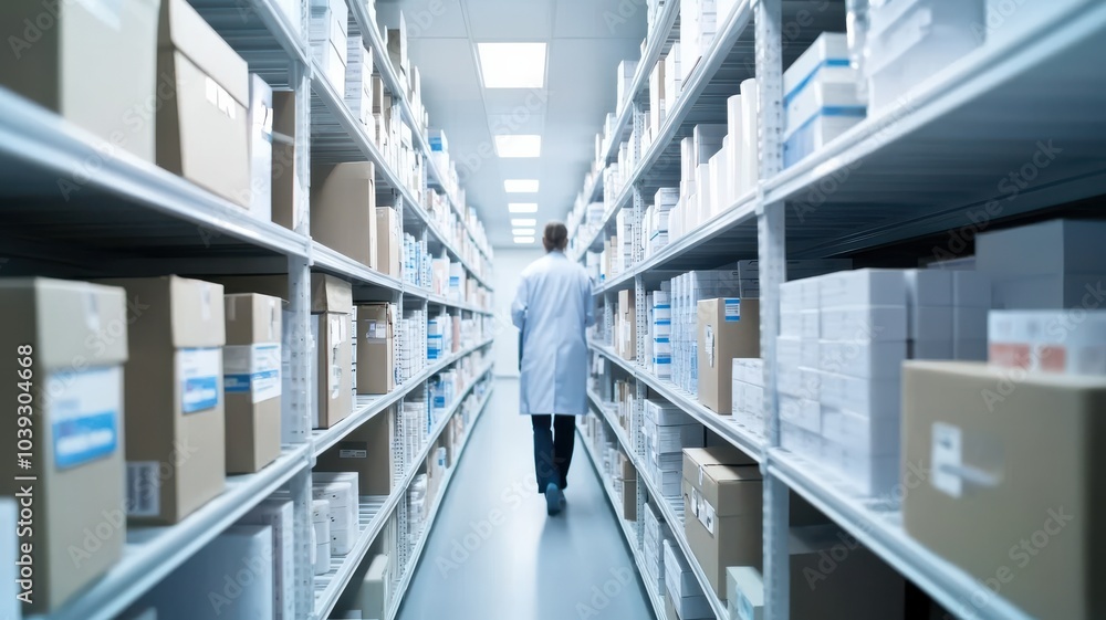 Fototapeta premium A pharmacist walking through a well-organized medical supply warehouse, surrounded by neatly arranged boxes and shelves.