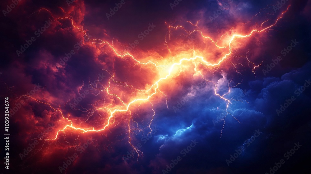 Powerful lightning strikes through stormy clouds, creating a dramatic contrast between red and blue. Powerful lightning strikes through stormy clouds, creating a dramatic contrast between red and blue.