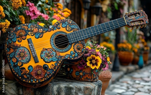 a guitar painted with flowers

