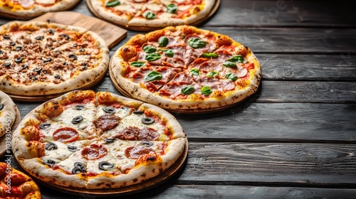 Delicious pizzas with various toppings on rustic wooden table.