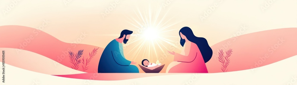 Fototapeta premium A serene moment between parents gazing at their newborn, surrounded by soft colors and gentle light.