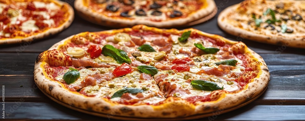 Delicious pizzas with fresh ingredients on a wooden table. Delicious pizzas with fresh ingredients on a wooden table.