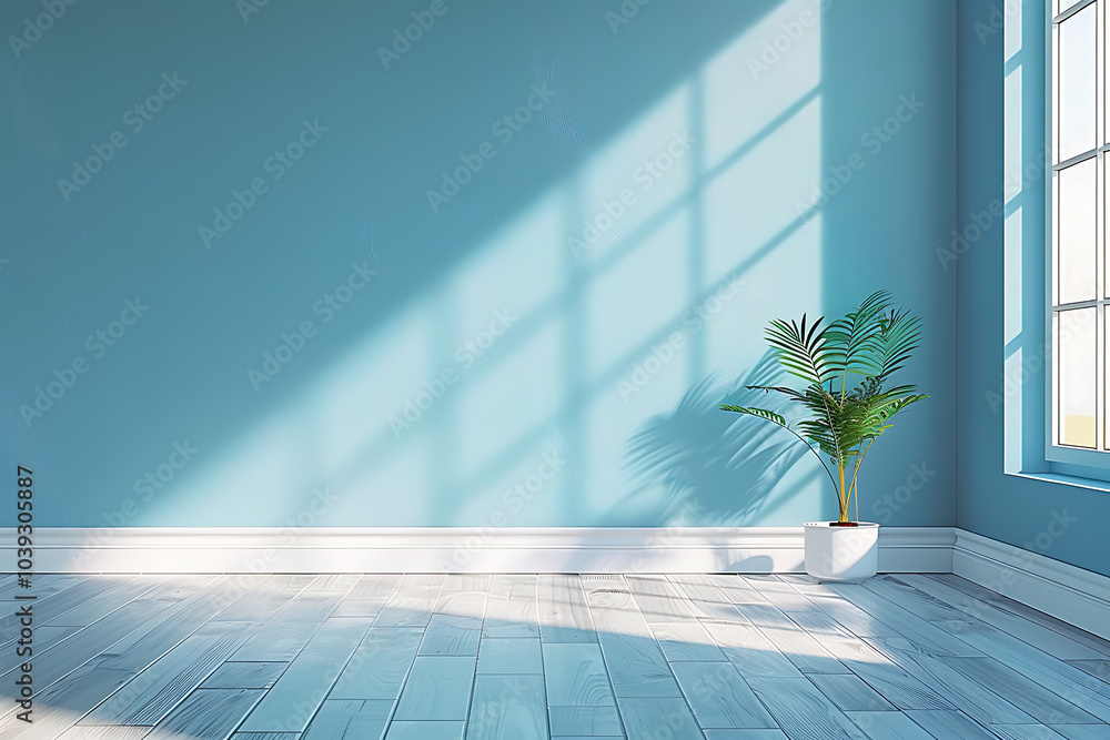 A bright, airy room with a single plant in a white pot, sunlight streaming in through a large window, casting long shadows on the blue walls and light wood floor. A bright, airy room with a single plant in a white pot, sunlight streaming in through a large window, casting long shadows on the blue walls and light wood floor.