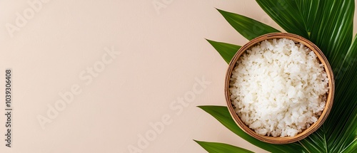 Freshly Cooked Rice in Bamboo Bowl with Green Leaves