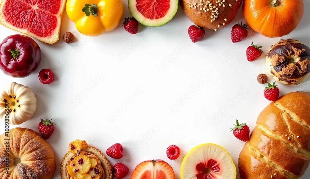 White table background with various main course menus forming the frame and copy space in the middle. Generate AI White table background with various main course menus forming the frame and copy space in the middle. Generate AI