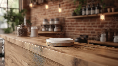 an empty podium display with a white glossy wooden circular mock-up, attached to a barista’s wooden bar. 