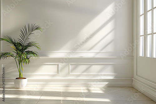 A minimalist interior design with a single potted plant placed in a corner of a white-walled room. The room features white wainscoting and natural light streaming in through a nearby window.