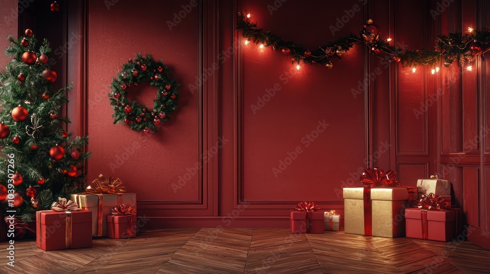 Studio scene in red with Christmas decorations and gifts, perfect for messages. Studio scene in red with Christmas decorations and gifts, perfect for messages.
