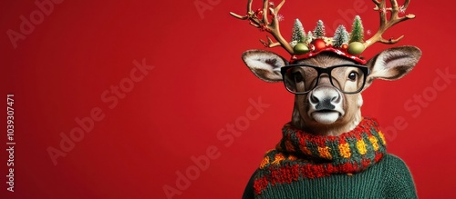 Festively dressed reindeer with glasses against a vibrant red backdrop.