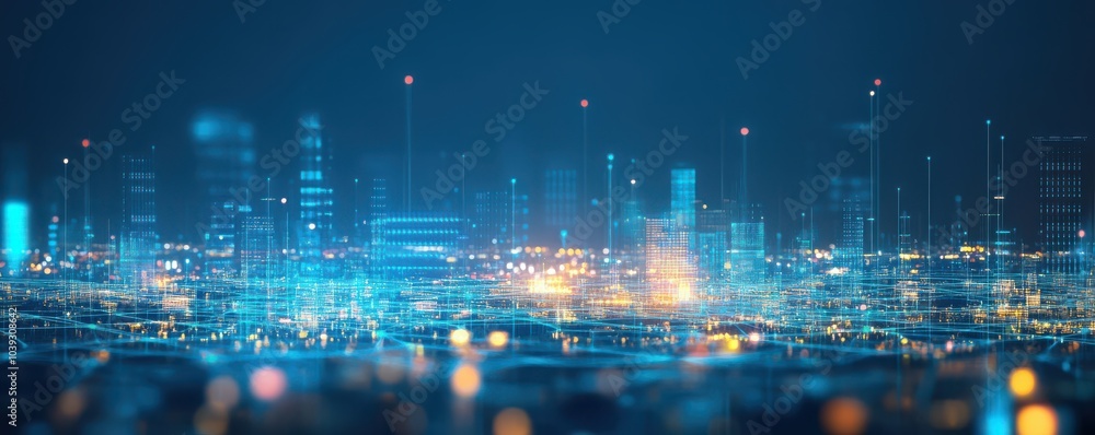 Fototapeta premium A vibrant cityscape with glowing lights and a futuristic atmosphere, showcasing the beauty of urban night life.