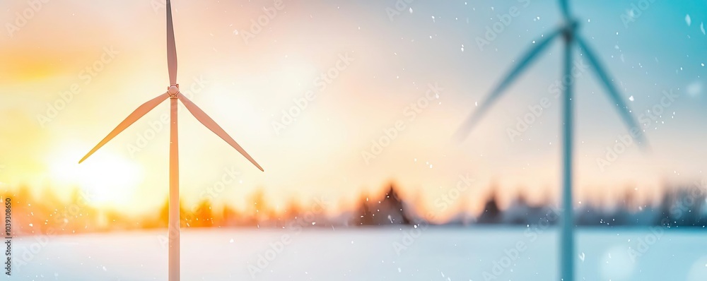 Fototapeta premium Wind turbines in a snowy landscape during sunset, showcasing renewable energy.