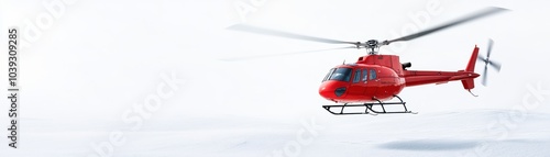 A vibrant red helicopter flying against a minimalist white background, showcasing its sleek design and dynamic motion.