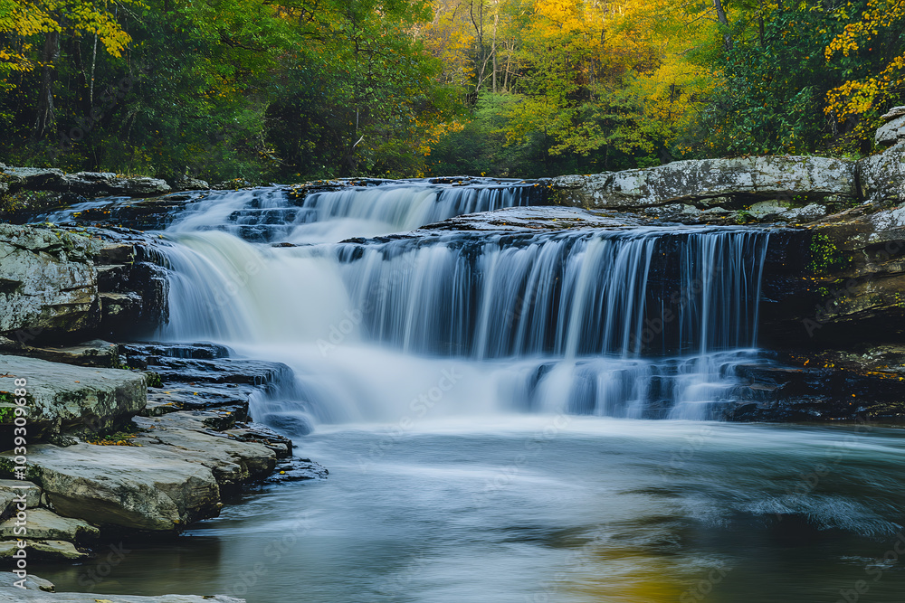 Obraz premium Waterfall flowing smoothly into a river, creating a silky cascade over rocks in a serene landscape
