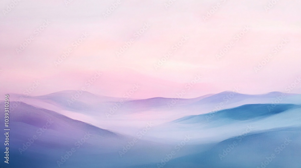 Soft, abstract painting of pastel pink and blue mountains in fog. Soft, abstract painting of pastel pink and blue mountains in fog.
