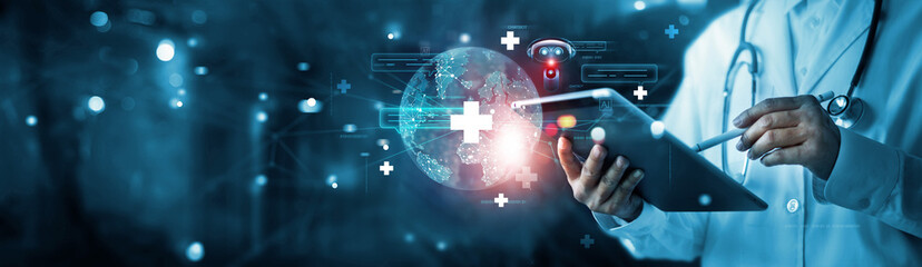 Healthcare and medical chatbot, Ai technology, Machine learning, doctor use AI chatbot on medical network and Data exchange, Health care and artificial intelligence technology. Innovative new era