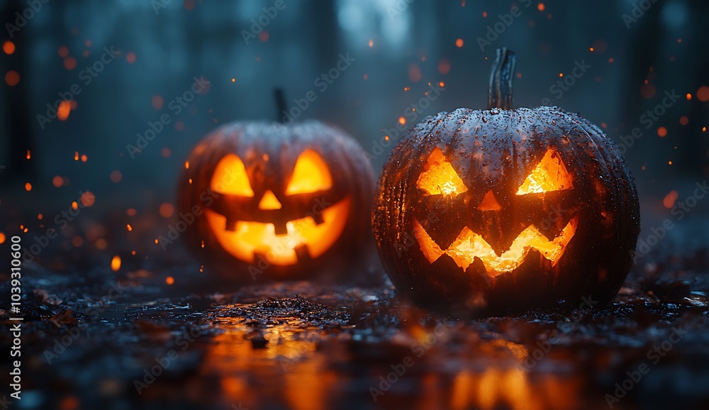 a couple of carved pumpkins with lit faces
a couple of carved pumpkins with lit faces