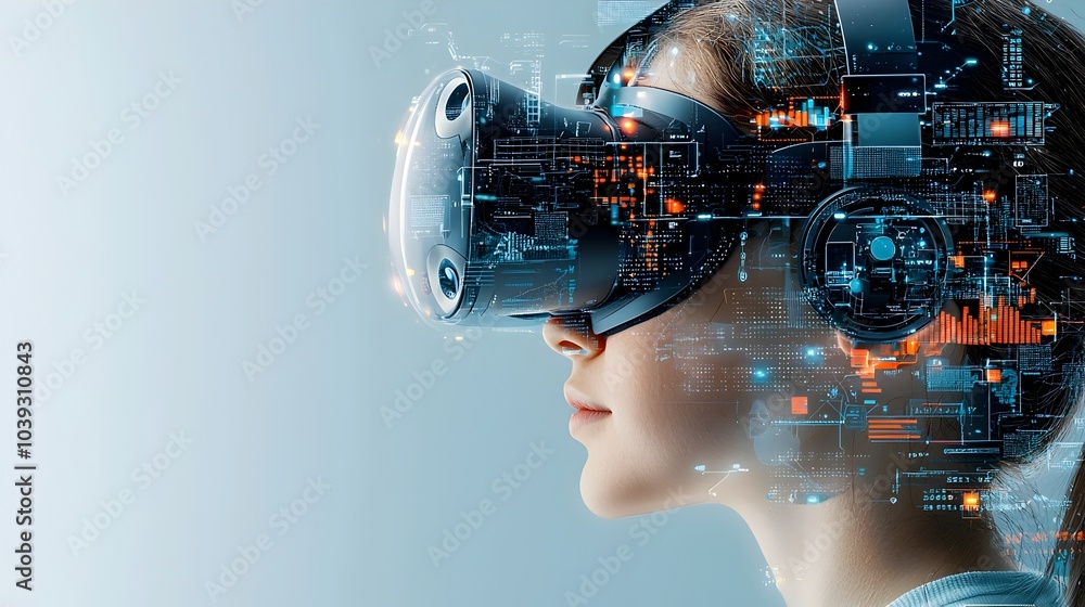 Fototapeta premium Layered depiction of a virtual reality headset with users fully immersed in an engaging and captivating digital landscape