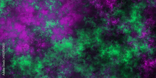 Fictional space volcano nebula aquamarine and purple abstract glowing space stars. Vintage paper textured aquarelle. Artificial magic green smoke with purple light smoke color isolated dark background