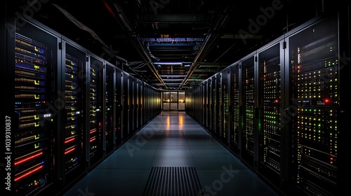 A server room with rows of servers in a dark, industrial setting.