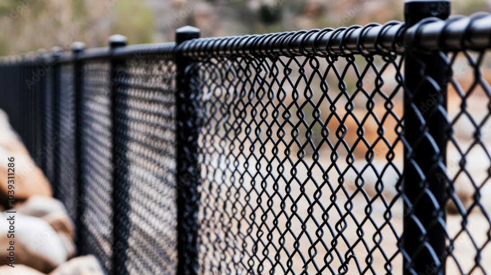 Close-up of a black chain link fence with blurred natural background, ideal for security, construction, or outdoor projects. Close-up of a black chain link fence with blurred natural background, ideal for security, construction, or outdoor projects.