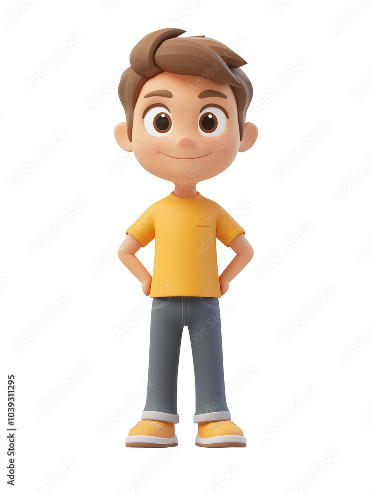 Cartoon boy with hands on hips, wearing a yellow t-shirt and sneakers, smiling confidently. Cartoon boy with hands on hips, wearing a yellow t-shirt and sneakers, smiling confidently.