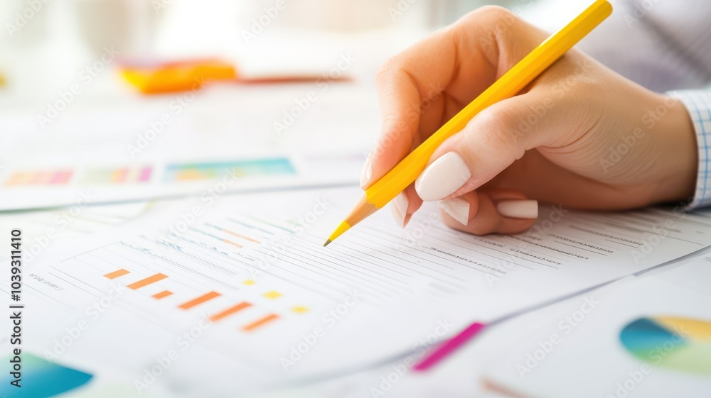 Close-up of a hand writing on a document with colorful charts, showcasing productivity and business analysis. Close-up of a hand writing on a document with colorful charts, showcasing productivity and business analysis.
