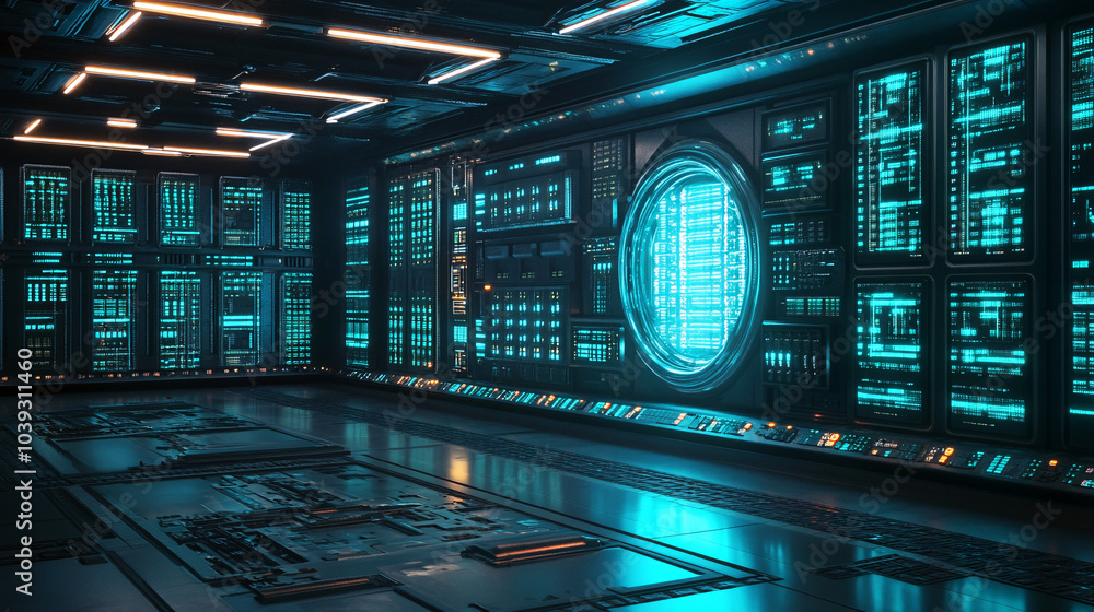 Futuristic Tech Room With Blue Lights And Displays Futuristic Tech Room With Blue Lights And Displays