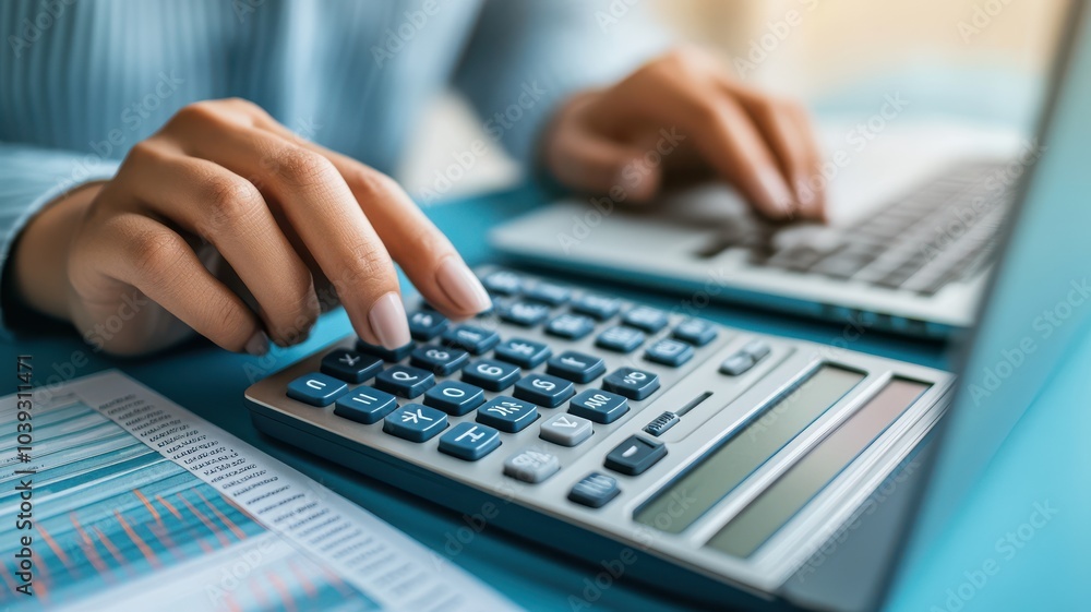 Close-up of a person using a calculator and laptop, illustrating finance, accounting, or data analysis in a professional setting. Close-up of a person using a calculator and laptop, illustrating finance, accounting, or data analysis in a professional setting.