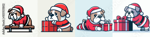 Bulldog in Santa Outfit Leaning on Sleigh