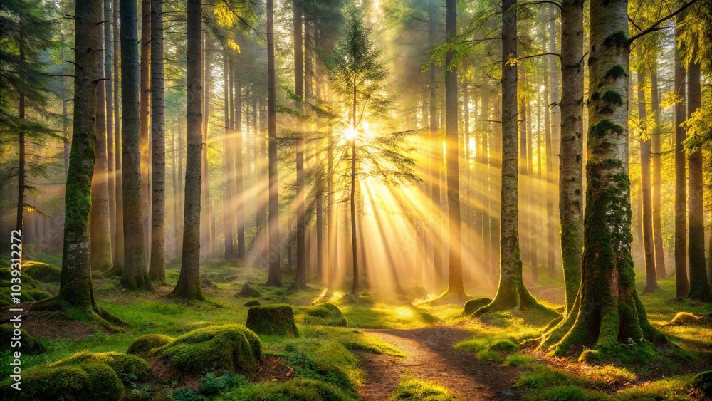 Fototapeta premium Golden rays illuminate a path through a misty forest, where moss-covered trees stand tall and a single tree reaches towards the sun.