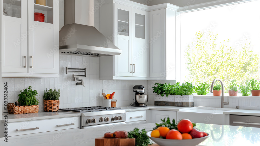 beautifully organized kitchen featuring white cabinetry, modern stove, and fresh herbs in pots. bright space is filled with natural light, creating warm and inviting atmosphere beautifully organized kitchen featuring white cabinetry, modern stove, and fresh herbs in pots. bright space is filled with natural light, creating warm and inviting atmosphere