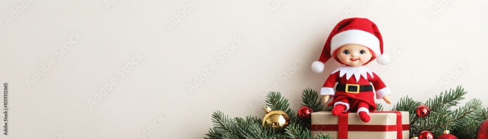 Cute Christmas doll in a red outfit sitting on a gift amid festive decorations, perfect for holiday-themed projects. Cute Christmas doll in a red outfit sitting on a gift amid festive decorations, perfect for holiday-themed projects.