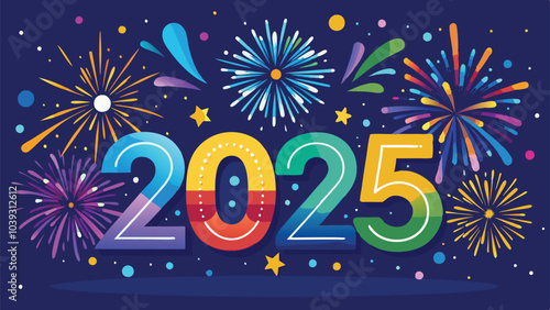 Happy New Year 2025 with Glowing Fireworks Twinkling Stars and Confetti Background Vector Art