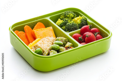 A reusable lunch box filled with a healthy meal, avoiding single-use plastic packaging photo