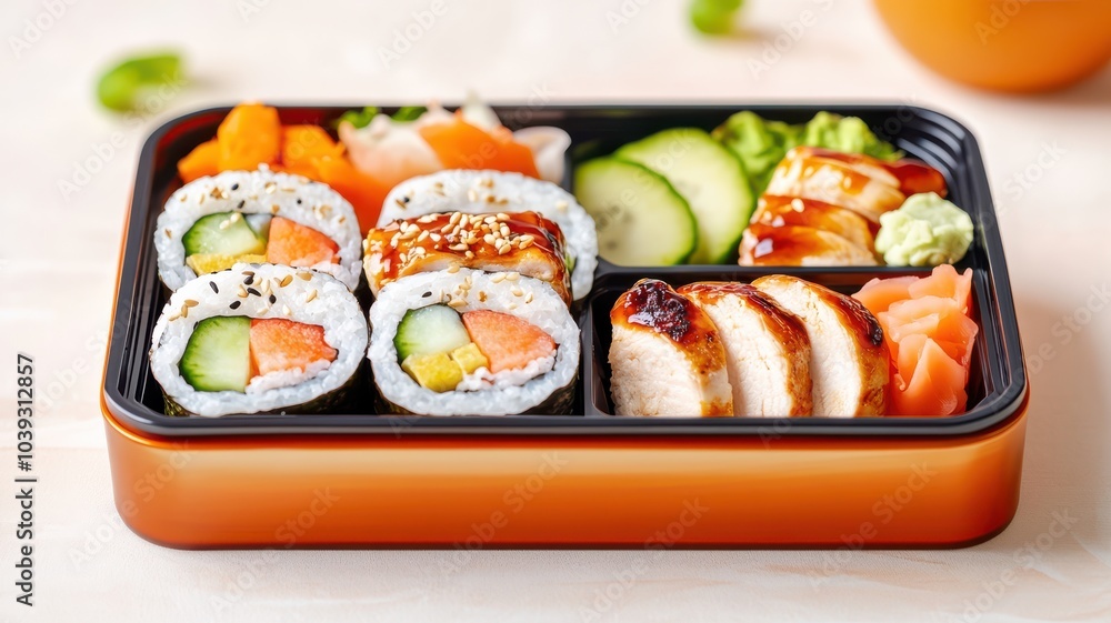 Delicious sushi meal presented in a vibrant bento box, featuring fresh ingredients and colorful garnishes, perfect for food enthusiasts. Delicious sushi meal presented in a vibrant bento box, featuring fresh ingredients and colorful garnishes, perfect for food enthusiasts.