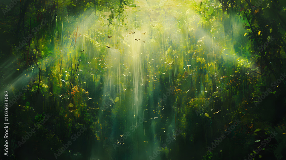 Naklejka premium panoramic shot of dense rainforest with layers of vibrant greenery, sunlight filtering through canopy, creating serene and magical atmosphere. scene is alive with movement of birds and gentle rustle