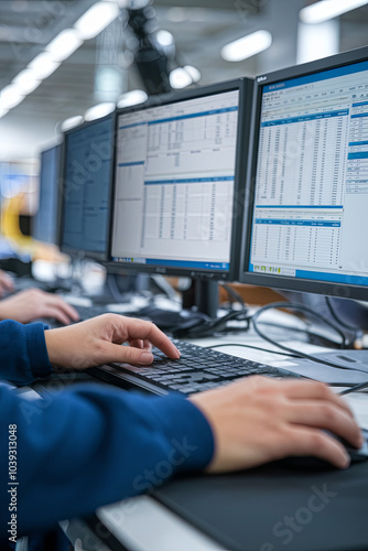 A worker with multiple monitors open, each filled with spreadsheets and reports photo