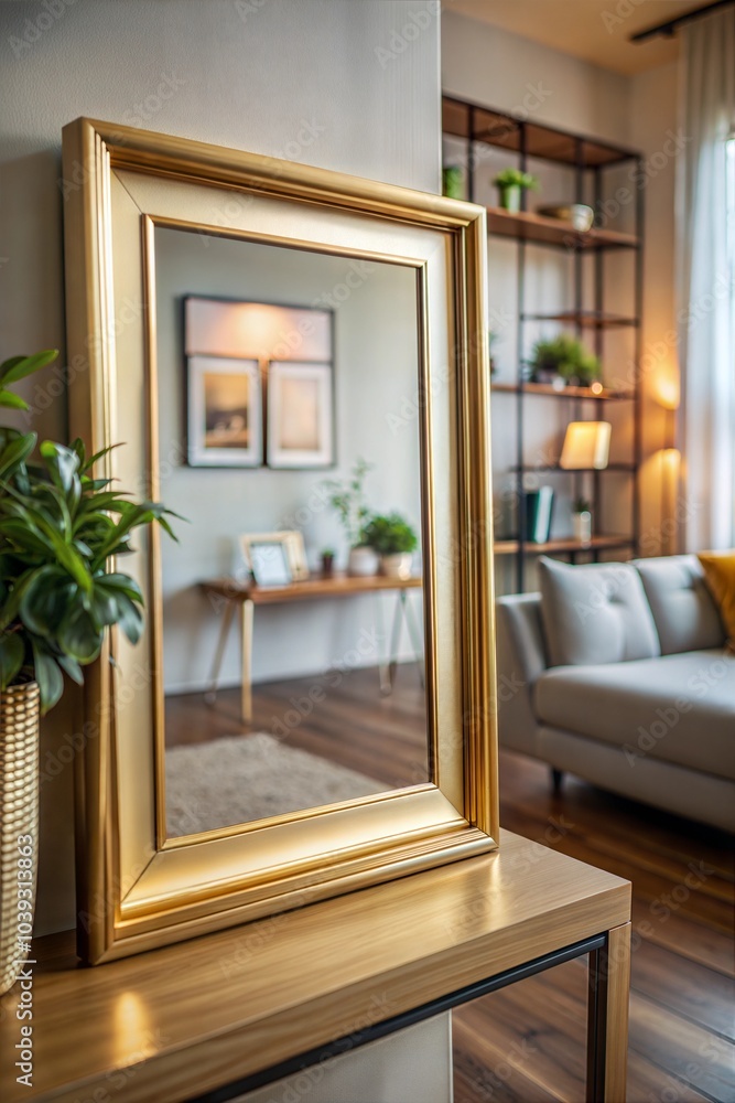Fototapeta premium Close-up of golden mirror reflecting modern living room sophisticated design