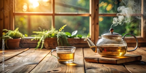 A steaming glass teapot and a cup of tea on a rustic wooden table, bathed in warm sunlight streaming through a window