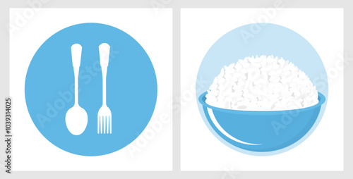 Rice bowl, spoon, daisy and chopsticks vector.