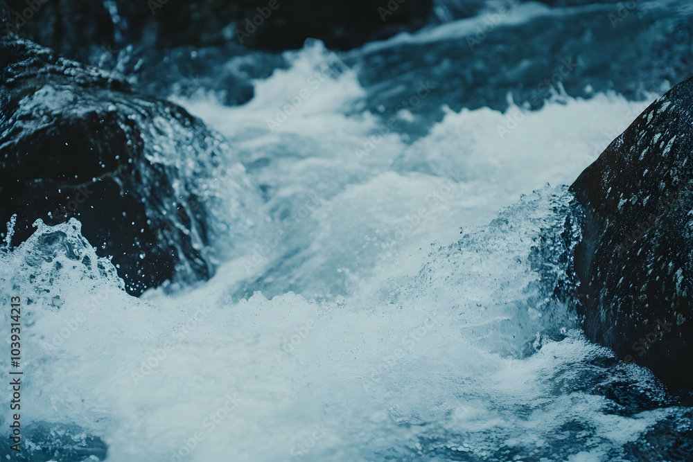 Powerful mountain river rapids crashing against large rocks, showcasing nature raw force Powerful mountain river rapids crashing against large rocks, showcasing nature raw force