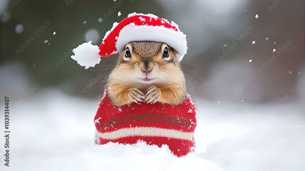 A cute chipmunk in a red and white santa hat. The chipmunk is sitting in the snow. A cute chipmunk in a red and white santa hat. The chipmunk is sitting in the snow.